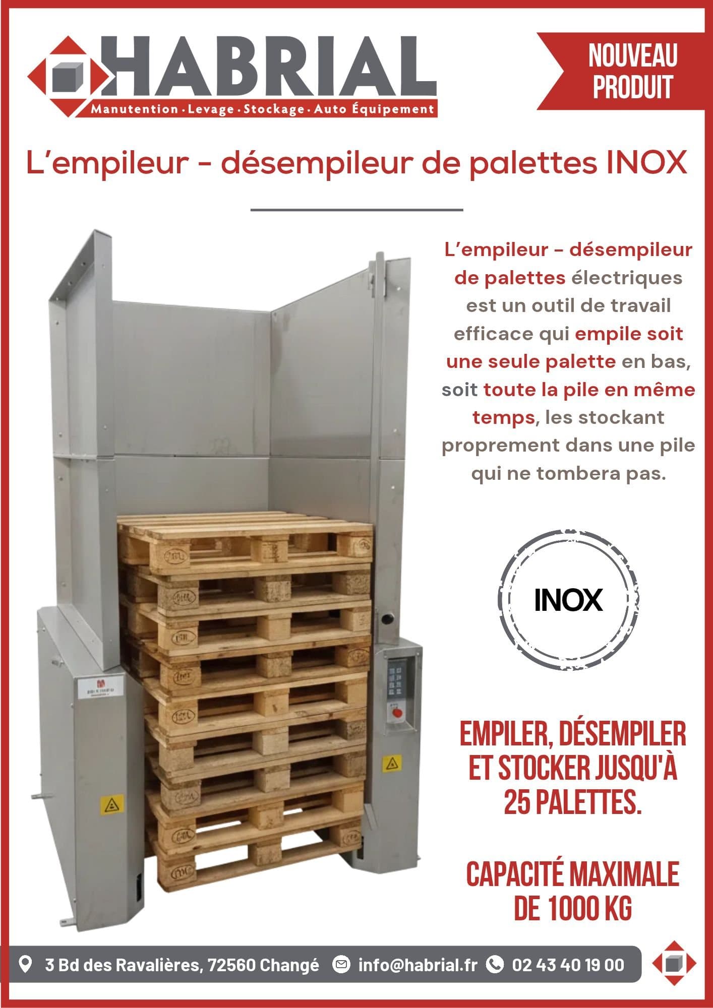 Fiche produit imprimée d'Habrial : empileur-désempileur de palettes inox