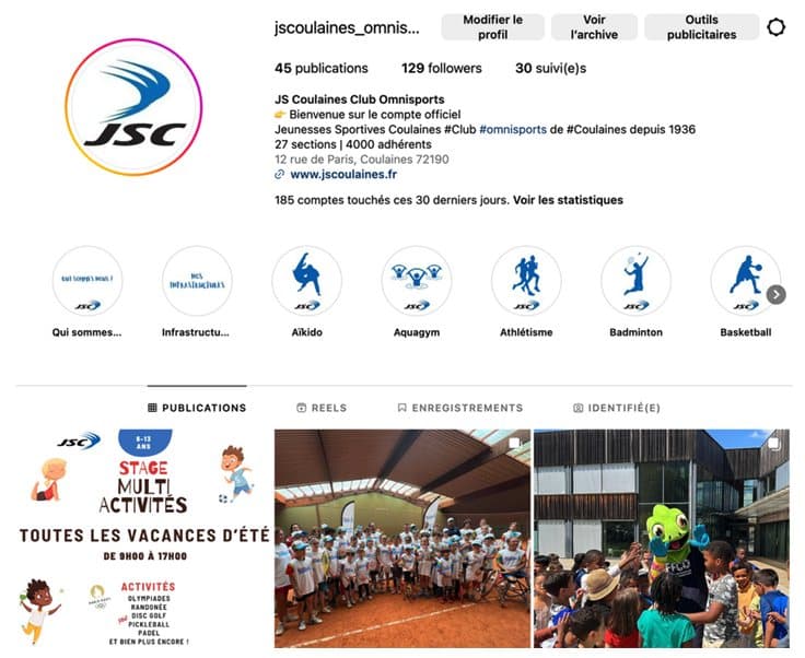 Page Instagram du club JSC, avec ses publications et ses stories à la une